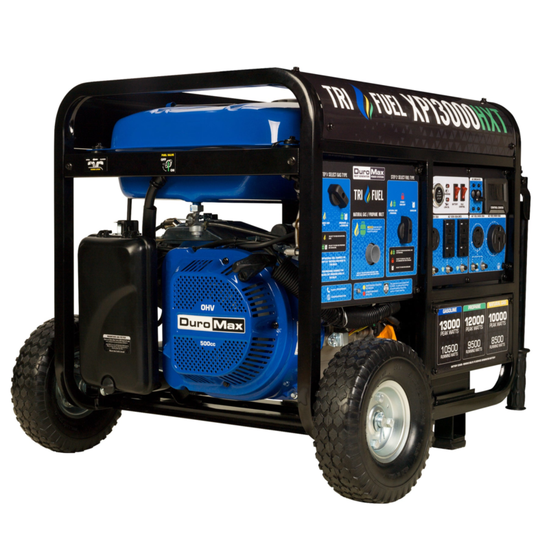 DuroMax XP13000HXT Tri-Fuel Portable Generator, 13,000 W, Electric Start, CO Alert