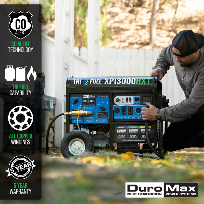 DuroMax XP13000HXT Tri-Fuel Portable Generator, 13,000 W, Electric Start, CO Alert