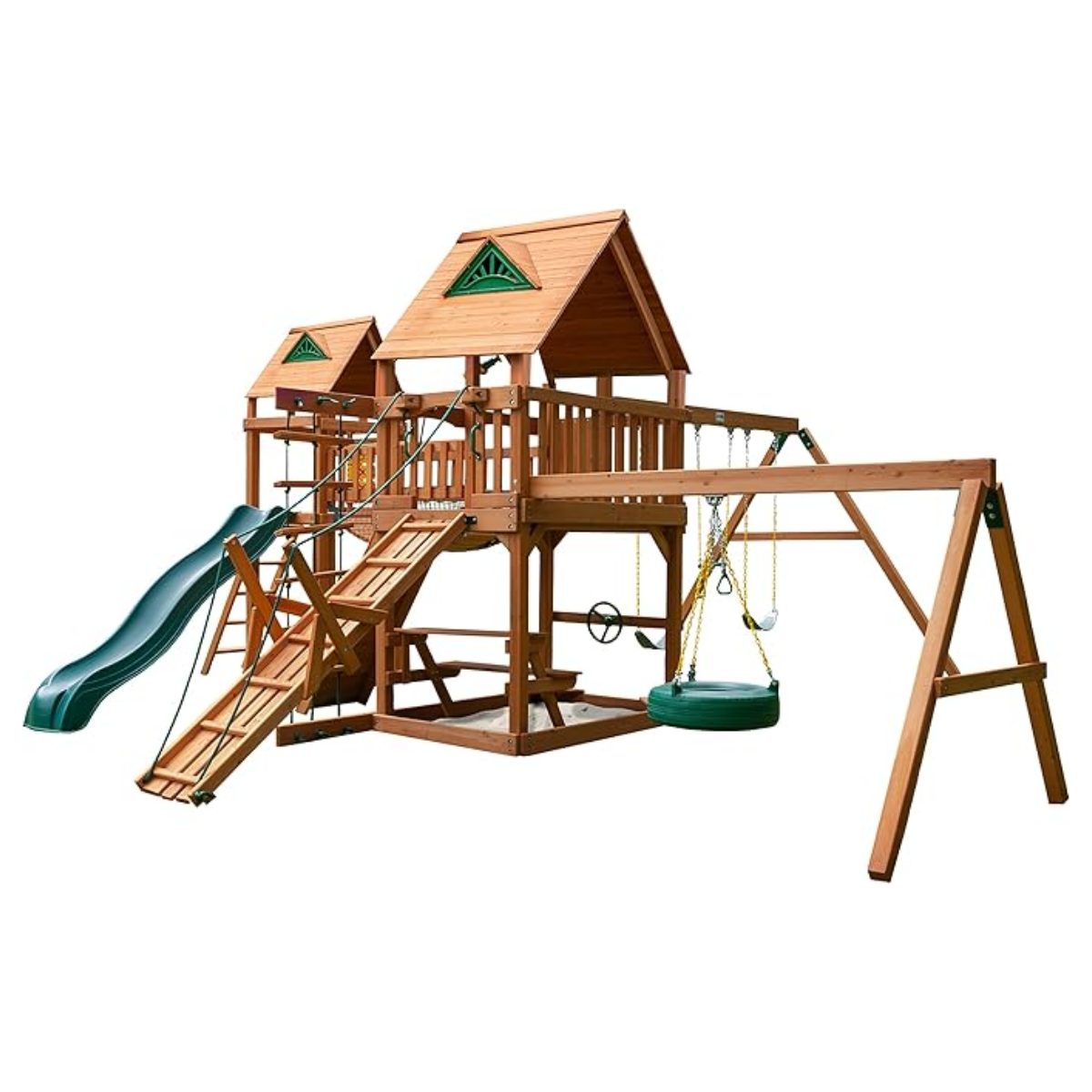 Gorilla Playsets Pioneer Peak Cedar Treehouse Swing Set with Clatter Bridge and Tire Swing Gorilla Playsets Pioneer Peak Cedar Treehouse Swing Set with Clatter Bridge and Tire Swing