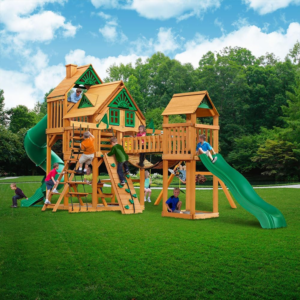 Gorilla Playsets Treasure Trove II Cedar Treehouse Swing Set with Three Slides